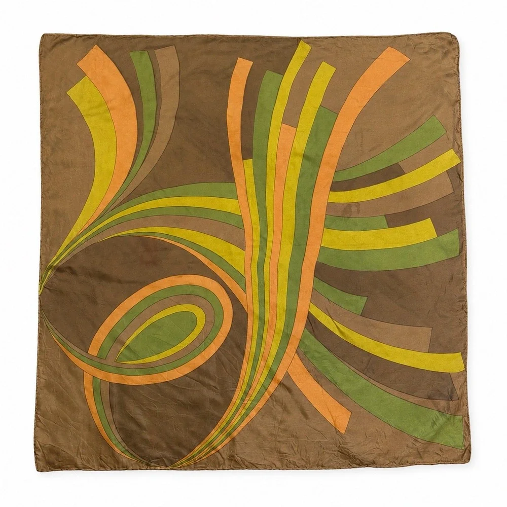 Vintage 70s Mid Century Geometric Swirl Square Scarf Women Brown Boho Chic Japan